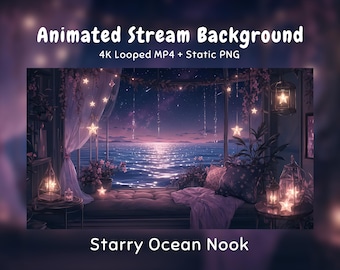 Gemütlicher Anime-Hintergrund für eine nächtliche Nacht: Sternenklare Meeresnische, Dämmerungsmeer, leuchtende Sterne. Geeignet für Twitch, VTuber-Streams, Discord, YouTube und OBS.