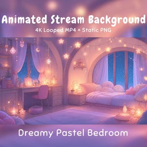 Puede incluir: Fondo de pantalla animado para streaming con un dormitorio en tonos pastel rosa y morado. La habitación incluye un escritorio, una silla, una cama con almohadas y luces colgantes en forma de estrella. Texto: Animated Stream Background 4K Looped MP4 + Static PNG Dreamy Pastel Bedroom.