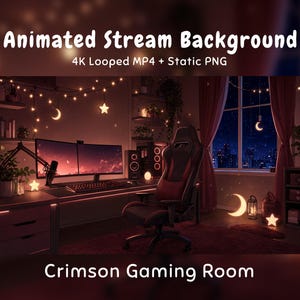 May include: An animated stream background titled Crimson Gaming Room featuring a desk with dual monitors, a gaming chair, and shelves. The room is decorated with string lights shaped like stars and moons, with a night city view through a window.