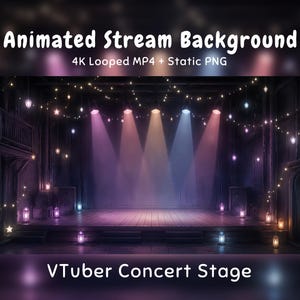 Könnte beinhalten: Ein animierter Stream-Hintergrund mit einer Konzertbühne aus Holzdielen, beleuchtet von violetten, rosafarbenen und blauen Scheinwerfern. Lichterketten hängen darüber und Laternen stehen auf der Bühne. Text: Animated Stream Background, 4K Looped MP4 + Static PNG, VTuber Concert Stage.