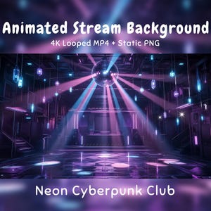Può includere: Animated Stream Background 4K Looped MP4 + Static PNG Neon Cyberpunk Club. Una scena interna digitale di un locale notturno con una palla da discoteca centrale, luci geometriche sospese e fasci di neon viola e blu su una pista da ballo.