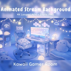 Pode incluir: Um fundo de stream animado mostrando um quarto gamer em tons de azul com mesa, computador, cadeira gamer e pelúcias. Texto: Animated Stream Background, 4K Looped MP4 + Static PNG, Kawaii Gamer Room. Luzes de corda penduradas no topo.