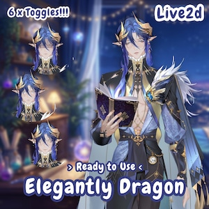 May include: A Live2D character model titled Elegantly Dragon featuring blue hair, gold horns, and pointed ears. The character wears a black and blue outfit with gold accents, holding an open book. Includes 6 x Toggles and Ready to Use text.