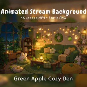 以下が含まれることがあります： 「Green Apple Cozy Den」と題されたアニメーション配信背景。4KループMP4と静止画PNGが含まれています。緑のソファ、木製家具、観葉植物、星やウサギの形をしたイルミネーションライト、小さな白いウサギが配置された部屋の様子が描かれています。