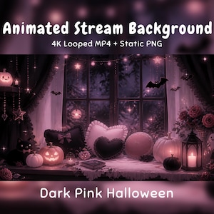 May include: Animated stream background featuring a dark pink Halloween theme with pumpkins, heart-shaped pillows, a black cat, and a lantern. The text reads Animated Stream Background 4K Looped MP4 + Static PNG and Dark Pink Halloween.