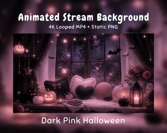 May include: Animated stream background featuring a dark pink Halloween theme with pumpkins, heart-shaped pillows, a black cat, and a lantern. The text reads Animated Stream Background 4K Looped MP4 + Static PNG and Dark Pink Halloween.