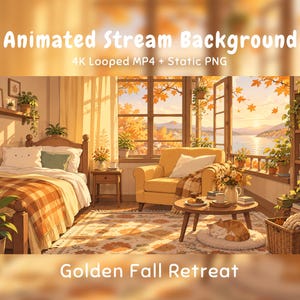 Gezellige herfst-anime-achtergrond voor de slaapkamer, slapende kat, uitzicht op een meer bij zonsondergang, Twitch-overlay, VTuber-stream, Discord, YouTube OBS-kamer