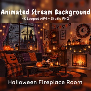 Könnte beinhalten: Ein animierter Halloween-Stream-Hintergrund mit einem Wohnzimmer, Kamin, Sofa mit orangefarbenen Kürbiskissen, Couchtisch und Fensterblick auf ein Spukschloss bei Vollmond. Der Text lautet: Animated Stream Background.