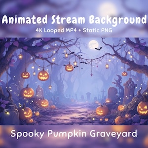 May include: Animated stream background featuring a spooky pumpkin graveyard with glowing jack-o'-lanterns, hanging lanterns, and tombstones under a full moon. Text reads: Animated Stream Background, 4K Looped MP4 + Static PNG, Spooky Pumpkin Graveyard.