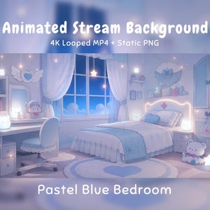 Puede incluir: Una ilustración digital de un dormitorio en tonos azul pastel con una cama de ropa blanca, un escritorio con silla, una ventana con cortinas y luces brillantes en forma de estrella y oso. El texto dice: Animated Stream Background 4K Looped MP4 + Static PNG Pastel Blue Bedroom.