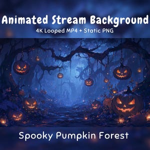 Puede incluir: Un gráfico digital titulado Animated Stream Background 4K Looped MP4 + Static PNG Spooky Pumpkin Forest. La imagen muestra un bosque azul oscuro con calabazas de Halloween brillantes colgadas de las ramas y sobre el suelo.