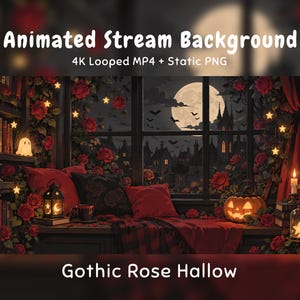 Gemütlicher, gotischer Anime-Hintergrund für Halloween: Fensternische, rote Rose, Kürbis, Mondschloss, Twitch-Overlay, VTuber-Stream, Discord OBS