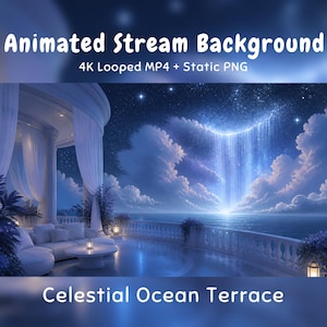 Puede incluir: Animated Stream Background 4K Looped MP4 + Static PNG Celestial Ocean Terrace. Una ilustración digital de un balcón con pilares blancos, cortinas y muebles con vistas al mar bajo un cielo estrellado con una cascada brillante.