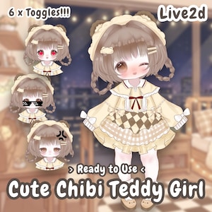 May include: A Live2D digital character illustration titled Cute Chibi Teddy Girl, featuring a character with brown hair in braids, a bear-ear hat, and a yellow dress with a checkered skirt. Includes 6 x Toggles and Ready to Use text.