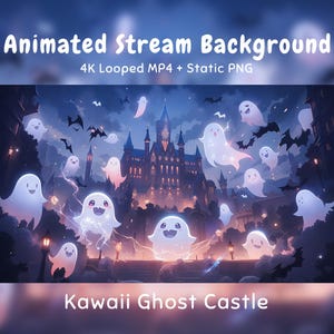 Puede incluir: Fondo de transmisión animado que muestra un castillo azul oscuro de noche rodeado de numerosos fantasmas blancos brillantes con caras sonrientes y pequeños murciélagos. El texto dice Animated Stream Background 4K Looped MP4 + Static PNG Kawaii Ghost Castle.