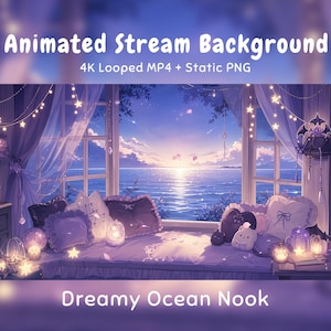 Könnte beinhalten: Animated Stream Background 4K Looped MP4 + Static PNG Dreamy Ocean Nook. Eine digitale Illustration einer Fensternische mit Blick auf einen ruhigen Ozean bei Sonnenuntergang, mit violetten Kissen, Lichterketten und Blick auf das Meer.