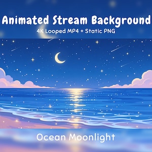 Könnte beinhalten: Animierter Stream-Hintergrund mit einer nächtlichen Ozeanszene, einer Mondsichel, einem Sternenhimmel und rosa Wolken über dem Wasser. Text: Animated Stream Background, 4K Looped MP4 + Static PNG, Ocean Moonlight.