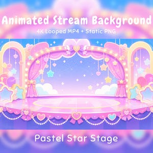 Puede incluir: Una ilustración digital de un escenario con cortinas rosas, adornos colgantes de estrellas y corazones, y un fondo azul. El texto dice Animated Stream Background 4K Looped MP4 + Static PNG y Pastel Star Stage.