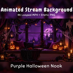 Pode incluir: Fundo de transmissão animado com um canto de Halloween roxo, vista para um castelo assombrado, lua cheia, abóboras brilhantes, velas, teias de aranha e morcegos. Texto: Animated Stream Background 4K Looped MP4 + Static PNG Purple Halloween Nook.