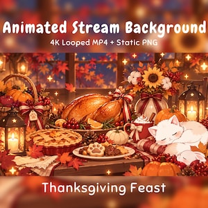 Può includere: Sfondo animato per streaming intitolato Thanksgiving Feast con tacchino arrosto, torta di zucca, un gatto bianco che dorme, foglie autunnali, zucche, lanterne e un bouquet di girasoli. Include formati file MP4 4K in loop e PNG statico.