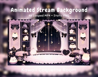 Gemütlicher Anime-Hintergrund, dunkles Kawaii-Zimmer, Neko-Katze, Schleife, Mond, Stern, Twitch-Overlay, VTuber-Stream, Discord, YouTube OBS