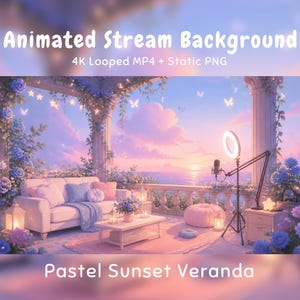 Puede incluir: Fondo de streaming animado con una veranda al atardecer en tonos pastel, sofá blanco, mesa de centro y micrófono. Texto: Animated Stream Background, 4K Looped MP4 + Static PNG, Pastel Sunset Veranda. Rosas azules y farolillos decoran el espacio.