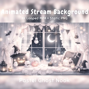 May include: Animated stream background featuring a window view with a crescent moon, hanging ghost ornaments, stars, and bats. The scene includes a pumpkin, a witch hat, pillows, and a lantern on a ledge. Text reads Animated Stream Background.