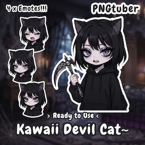 Puede incluir: Un conjunto de ilustraciones digitales con un personaje de pelo negro, orejas de gato y ojos morados con una sudadera negra. El personaje sostiene una guadaña. El texto incluye 4 x Emotes!!!, PNGtuber, Ready to Use y Kawaii Devil Cat~ en blanco.