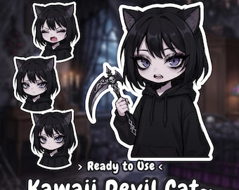 Süßes Teufel-Katzen-Mädchen | Kawaii PNG | Twitch-Streaming-Avatar | Vtuber Zubehör | Animierter PNGtuber | Sprachreaktiv | Gebrauchsfertige OBS
