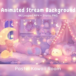 Könnte beinhalten: Ein animierter Stream-Hintergrund mit einem pastellfarbenen Raum, leuchtendem Halbmond, Teddybär, herzförmigen Kissen, Katzenlampe und Lichterketten. Text: Animated Stream Background, 4K Looped MP4 + Static PNG, Pastel Kawaii Room.