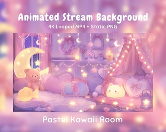 Gemütlicher rosa Anime animierter Hintergrund, rosa Schlafzimmer, Kawaii Tier, Bär, Katze, Mond Lichter, Twitch Overlay, VTuber Stream, Discord Youtube OBS