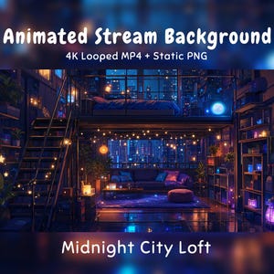以下が含まれることがあります： Animated Stream Background 4K Looped MP4 + Static PNG Midnight City Loft. ロフトベッド、ソファ、本棚、ストリングライト、街のスカイラインを見渡す大きな窓がある、夜の都市型ロフトを描いたデジタルイラストレーション。