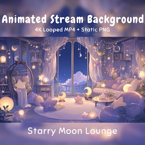 Puede incluir: Fondo de stream animado titulado Starry Moon Lounge, que incluye un MP4 en bucle 4K y un PNG estático. La escena muestra una habitación acogedora con una silla colgante, un sofá y decoraciones en forma de estrellas y lunas iluminadas.