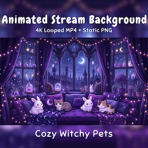 May include: Animated stream background featuring a purple room with a window view of a night cityscape, crescent moon, and stars. The scene includes a window seat with two white rabbits and two cats, surrounded by fairy lights and potion bottles.