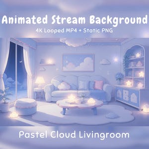 Puede incluir: Un fondo de stream animado con una sala de estar azul pastel, sofá, mesa de centro en forma de nube, estantería y luces brillantes de estrellas y nubes. Texto: Animated Stream Background 4K Looped MP4 + Static PNG Pastel Cloud Livingroom.