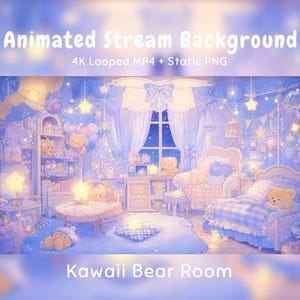 Cozy Night Anime Animated Background Pastel Blue Room, Kawaii Teddy Bear, Stars, Bedroom, Twitch Overlay, VTuber Stream, Discord Youtube OBS