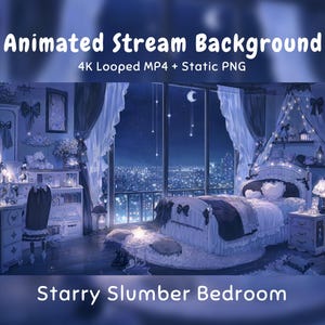 Peut inclure: Un arrière-plan de stream animé intitulé Starry Slumber Bedroom montrant une chambre avec un lit, un bureau et une vue nocturne sur la ville. L'image contient le texte Animated Stream Background 4K Looped MP4 + Static PNG et Starry Slumber Bedroom.
