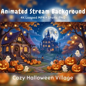 Peut inclure: Animated Stream Background 4K Looped MP4 + Static PNG Cozy Halloween Village. Une scène nocturne avec une maison et un château sous une pleine lune, entourés d'arbres avec des étoiles lumineuses suspendues, des citrouilles illuminées et des fantômes.