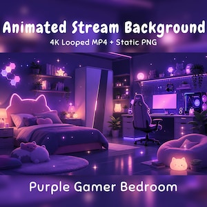 Könnte beinhalten: Ein animierter Stream-Hintergrund mit einem violetten Gamer-Schlafzimmer, einem Kopfteil mit Katzenohren, Gaming-Stuhl, Schreibtisch und Neonbeleuchtung. Der Text lautet Animated Stream Background 4K Looped MP4 + Static PNG und Purple Gamer Bedroom.