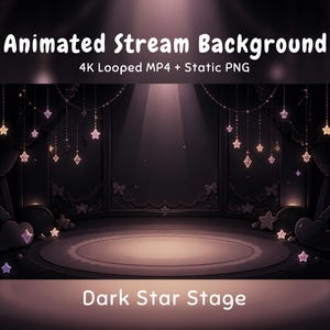 Op de afbeelding: Een digitale podiumachtergrond getiteld Animated Stream Background 4K Looped MP4 + Static PNG Dark Star Stage. De scène toont een donker, rond platform verlicht door een spotlight, omringd door hangende sterren en donkere gordijnen.