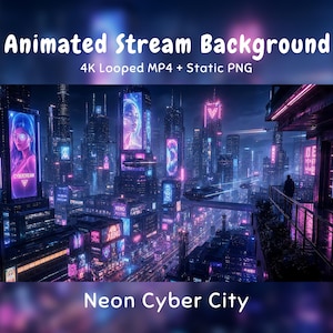 Pode incluir: Uma ilustração digital de uma paisagem urbana futurista à noite, com arranha-céus iluminados por letreiros de néon rosa e azul, anúncios holográficos e veículos voadores, com o texto Animated Stream Background 4K Looped MP4 + Static PNG Neon Cyber City.