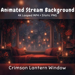 Può includere: Sfondo animato per streaming intitolato Crimson Lantern Window, che include un MP4 in loop 4K e un PNG statico. L'immagine mostra un sedile vicino alla finestra con cuscini rossi, circondato da fiori rossi e lanterne sospese in un bosco.