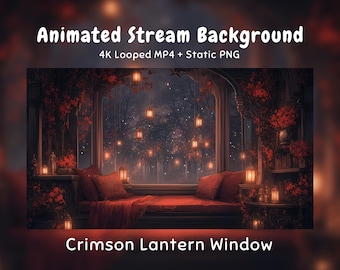 Gemütlicher Anime-Hintergrund für eine nächtliche Szene: Purpurrote Laternen, rote Blumennische, dunkler Wald. Geeignet für Twitch, VTuber-Streams, Discord, YouTube und OBS.