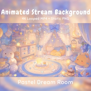 Puede incluir: Un fondo de stream animado titulado Pastel Dream Room que muestra un dormitorio acogedor con esquemas de color azul y amarillo, una cama con dosel, peluches, globos, luces de hadas en forma de estrella y una alfombra redonda, etiquetado 4K Looped MP4 + Static PNG.