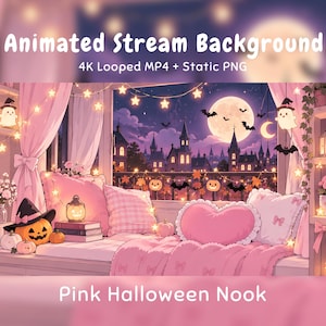 May include: A pink Halloween-themed window nook featuring a view of a castle under a full moon. The scene includes a heart-shaped pillow, pumpkins, ghost decorations, string lights, and curtains. Text reads: Animated Stream Background 4K Looped MP4 + Static PNG Pink Halloween Nook.