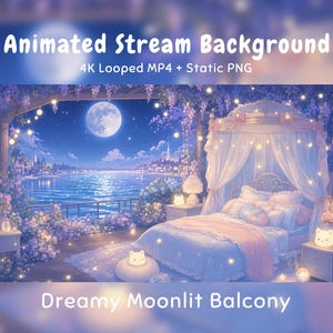 Pode incluir: Um fundo de stream animado intitulado Dreamy Moonlit Balcony, apresentando um quarto com cama de dossel, lâmpadas em forma de gato e uma varanda com vista para um lago ao luar com flores roxas e luzes de corda decorativas.