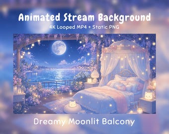 Gemütlicher Anime-Nacht-Hintergrund mit Mondscheinbalkon, Blumenhimmelbett, Kawaii-Katze, Twitch-Overlay, VTuber-Stream, Discord, YouTube und OBS