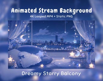 Verträumte Anime-Nacht: Animierter Hintergrund mit Sternenbalkon, blauem Zimmer, Mond, Kristallen und Stadt. Geeignet für Twitch, VTuber-Streams, Discord, YouTube und OBS.