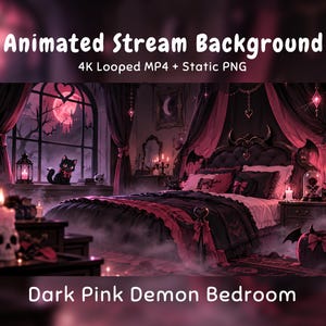 Pode incluir: Fundo de streaming animado com um quarto de demônio rosa escuro, cama, gato preto e castiçal de caveira. Texto: Animated Stream Background, 4K Looped MP4 + Static PNG, Dark Pink Demon Bedroom. A cena inclui uma janela.