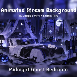 Pode incluir: Um fundo de stream animado intitulado Midnight Ghost Bedroom, incluindo um MP4 em loop 4K e um PNG estático. A cena mostra um quarto com uma cama, almofadas de caveira, uma lâmpada de fantasma brilhante e uma abóbora iluminada no ambiente.